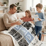 Personlig, varm fotokollasje på et mykt pledd med navn – interiørdetalj og farsdagsgave til pappa og bestefar