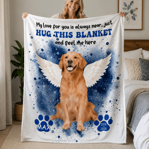 Individuell gestaltete, weiche Decke mit Engel-Motiv und Pfotenabdruck sowie Foto des Haustiers, mit Namen und Jahreszahl – ein Geschenk zum Gedenken, zum Geburtstag oder zum Jahrestag für Haustierbes