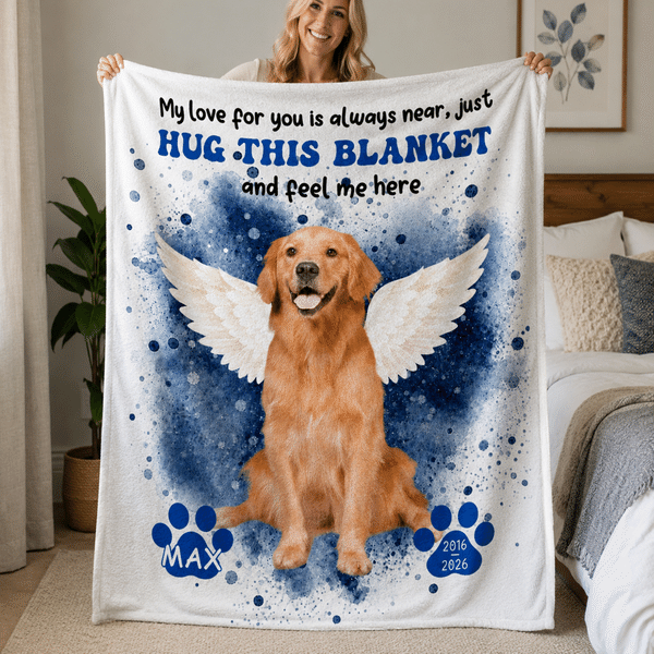 Personalised Paw Print Angel Pet Photo Soft Throw Blanket with Name and Year Memorial Birthday Anniversary Gift for Pet Owners