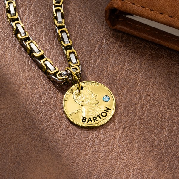 Personalised Lincoln Luck Coin Inspired Birthstone Necklace with Engraved Name Dainty Jewellery Birthday Anniversary Gift for Him Her