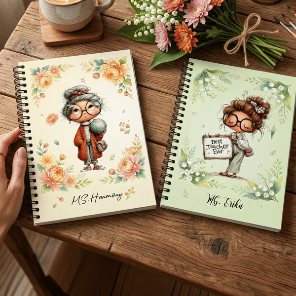 Personalised Birth Flower Cartoon Teacher Character Spiral A5 Notebook with Text Daily Use Teacher's Day Birthday Gift for Teachers