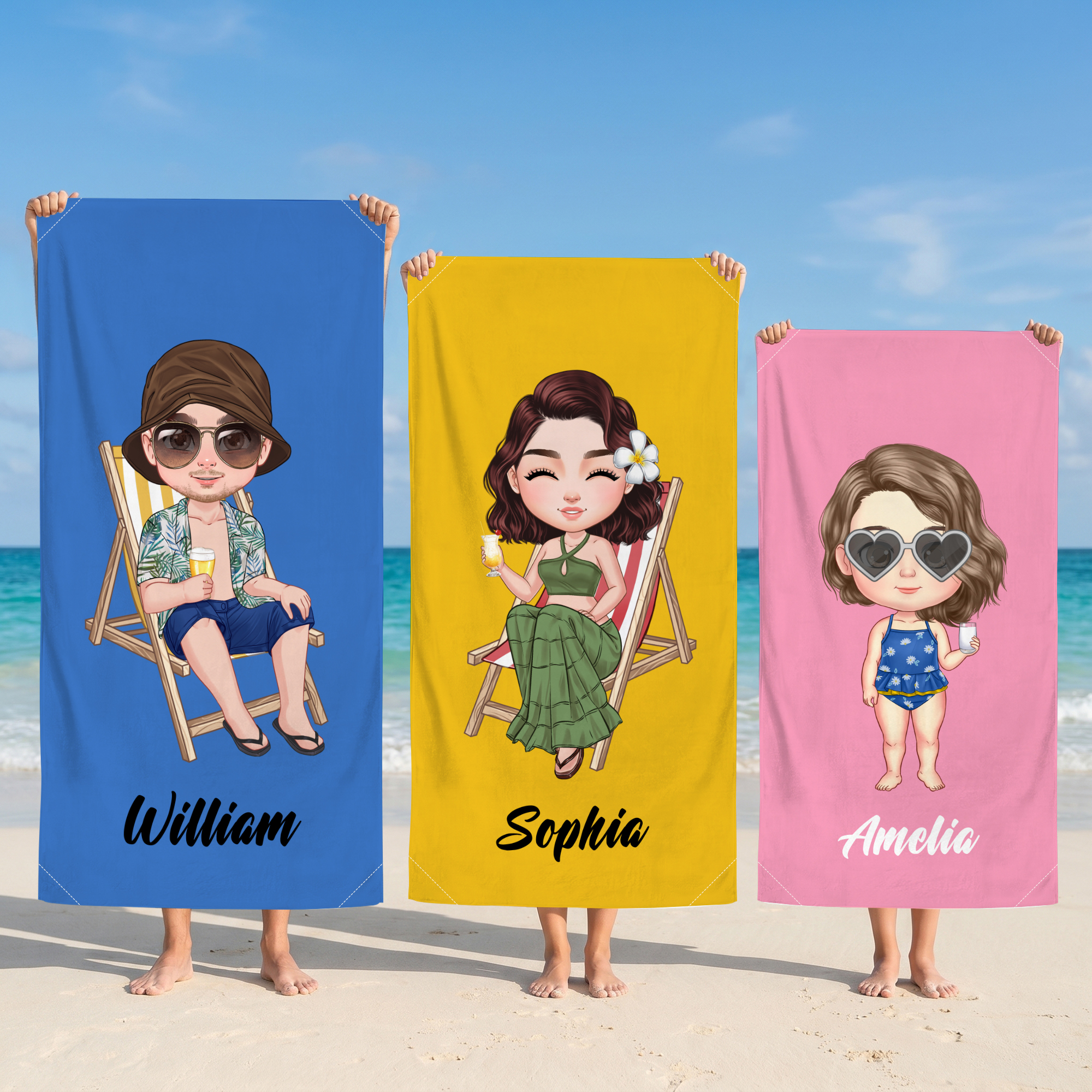 Personalisiertes Strandtuch mit Cartoonfigur | mit Magneten und Namen | schnelltrocknende Mikrofaser | Sommergeschenk für Familie und Freunde
