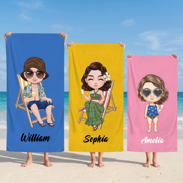 Personalised Multicolour Cartoon Character Oversized Quick Dry Magnetic Beach Towel with Name Summer Travel Essentials Birthday Gift for Family Friends