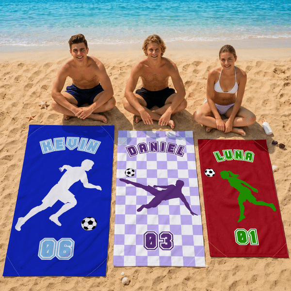 Personalized Multicolor Soccer Silhouette Oversized Quick Dry Magnetic Beach Towel with Name Summer Vacation Birthday Gift for Friends Soccer Lovers