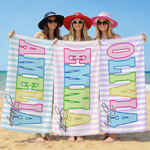 Personalized Bold Bright Letter Striped Oversized Quick Dry Beach Towel with Name and Surname Beach Party Birthday Gift for Family Friends