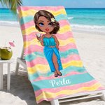 Personalized Colorful Stripes Cartoon Woman Character Soft Quick Dry Beach Towel with Name Vacation Beach Party Gift for Women