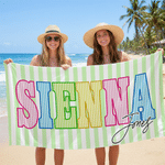 Personalized Bold Bright Letter Striped Oversized Quick Dry Beach Towel with Name and Surname Beach Party Birthday Gift for Family Friends
