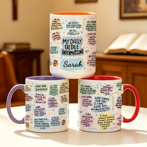 Personalized Daily Bible Affirmations Ceramic Mug with Name and Coaster Birthday Faith Encouragement Baptism Gift for Christian