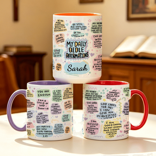 Personalisierte Keramiktasse mit täglichen Bibelversen, Namen und Untersetzer – Geburtstags-, Glaubens- und Taufgeschenk für Christen