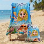 Gepersonaliseerd Sneldrogend Strandlaken met Schattig 3D-duiker met Trekkoordtas Strandfeest Verjaardagscadeau voor Kinderen en Volwassenen