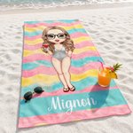 Personalized Colorful Stripes Cartoon Woman Character Soft Quick Dry Beach Towel with Name Vacation Beach Party Gift for Women