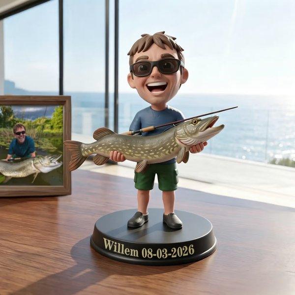 Gepersonaliseerd 3D visserbeeldje van foto met naam bureau- en kantoordecoratie ideal Vaderdag- of verjaardagscadeau voor papa visser of visliefhebber