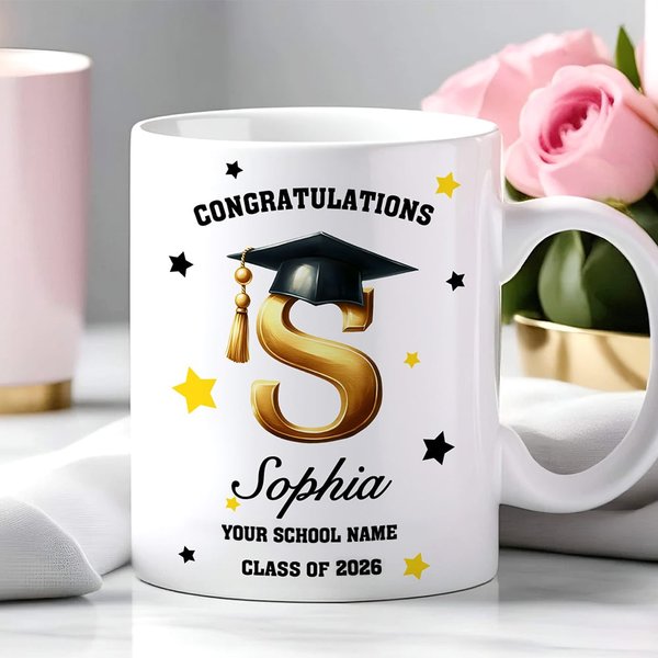 Personlig Gratulation Gradation Cap Initial 11 oz 15 oz Vit keramisk kaffemugg med namn och år Graduation Present för akademiker