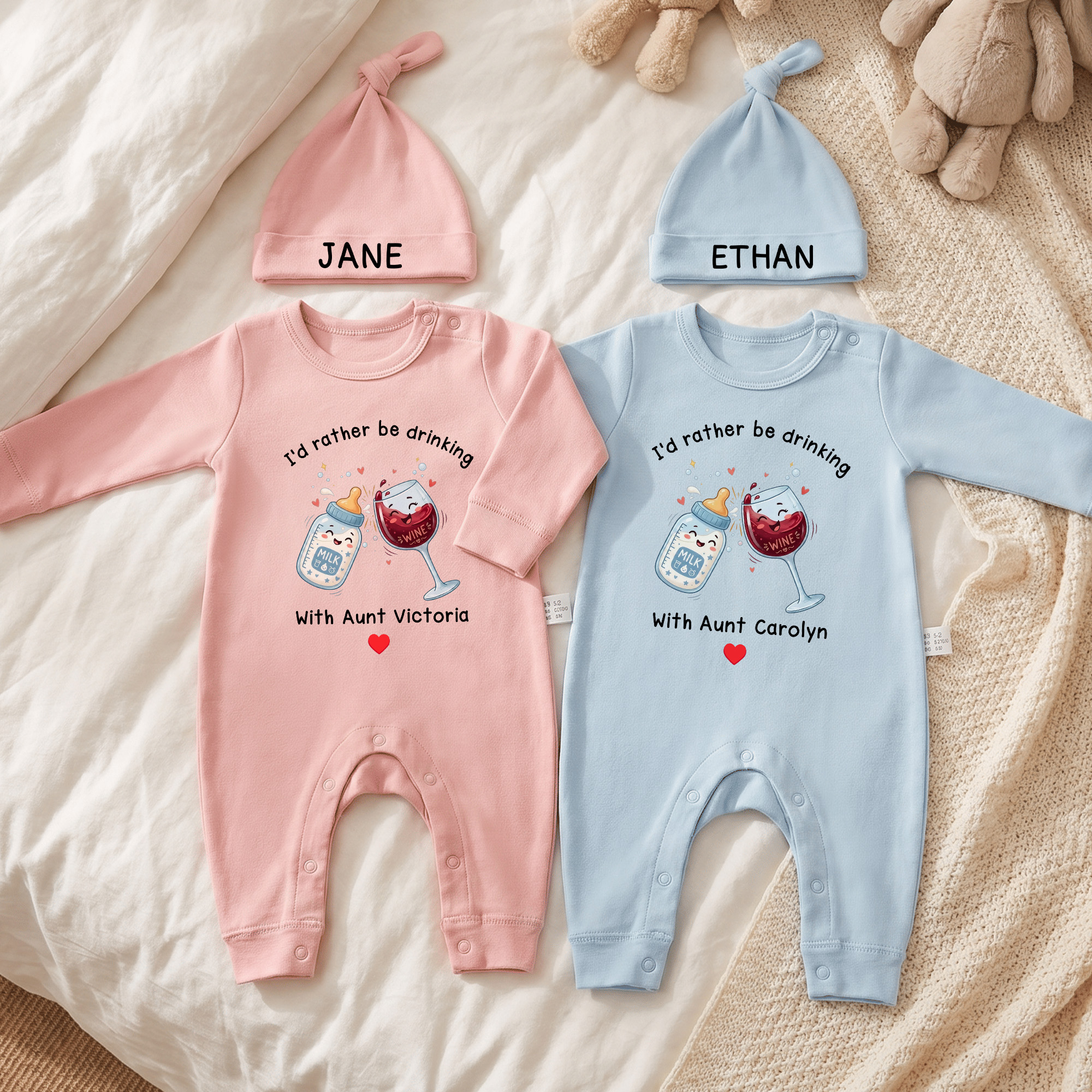 Personalisiertes „I'd Rather Be Drinking“-Set aus 100 % Baumwolle mit langärmeligem Baby-Strampler und Mütze mit Namen – lustiges Geschenk zur Babyparty oder zum ersten Geburtstag für Neugeborene