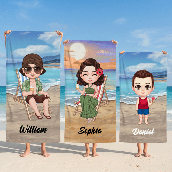 Personalized Vacation Theme Cartoon Character Oversized Quick Dry Magnetic Beach Towel with Name Summer Vacation Birthday Gift for Family