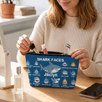 Personalised Shark Faces Portable Makeup Bag with Name Daily Use Travel Essential Birthday Gift for Woman Girl Shark Lover