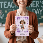 Personalised Birth Flower Cartoon Teacher Character Spiral A5 Notebook with Text Daily Use Teacher's Day Birthday Gift for Teachers