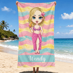 Personalized Colorful Stripes Cartoon Woman Character Soft Quick Dry Beach Towel with Name Vacation Beach Party Gift for Women