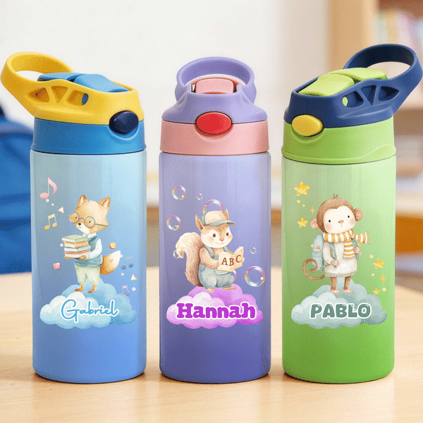 Personalized Watercolor Cartoon Animal Student 12 oz Insulated Water Bottle with Silicone Straw and Name Back to School Birthday Gift for Kids