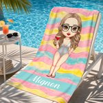 Personalized Colorful Stripes Cartoon Woman Character Soft Quick Dry Beach Towel with Name Vacation Beach Party Gift for Women