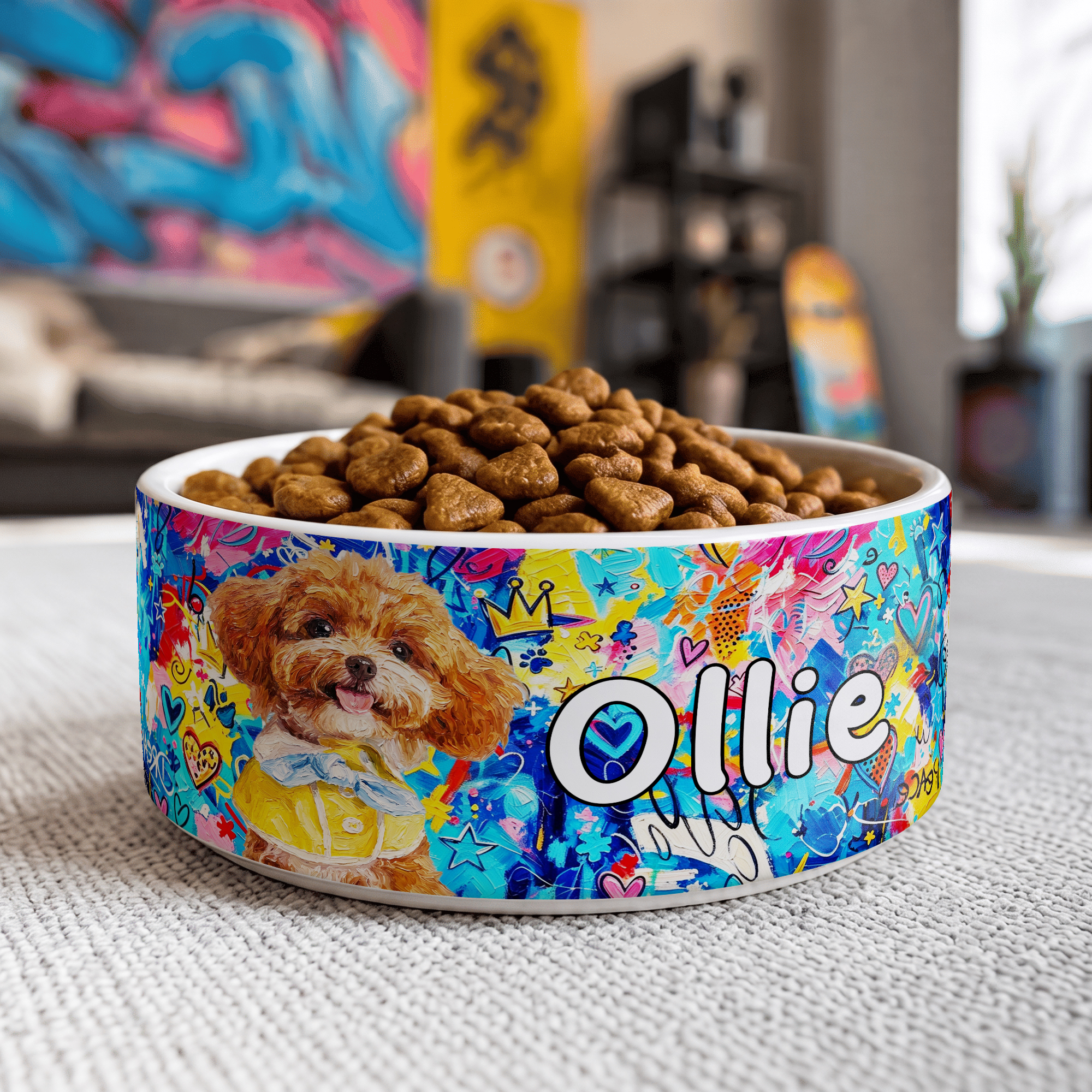 Personalisierter Keramik-Futternapf für Haustiere im Graffiti-Ölgemälde-Stil mit Foto und Namen – für den täglichen Gebrauch, als Geburtstagsgeschenk für Tierfreunde und Freunde