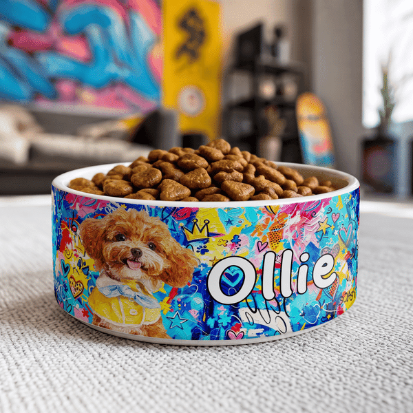 Personalised Pet Graffiti Oil Painting Style Photo Ceramic Pet Bowl with Name Daily Use Birthday Gift for Pet Lovers Friends