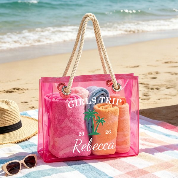 Personalized Holographic Neon Palm Tree Flamingo Transparent Tote Bag with Name and Text Travel Essential Beach Party Birthday Gift for Woman Girl