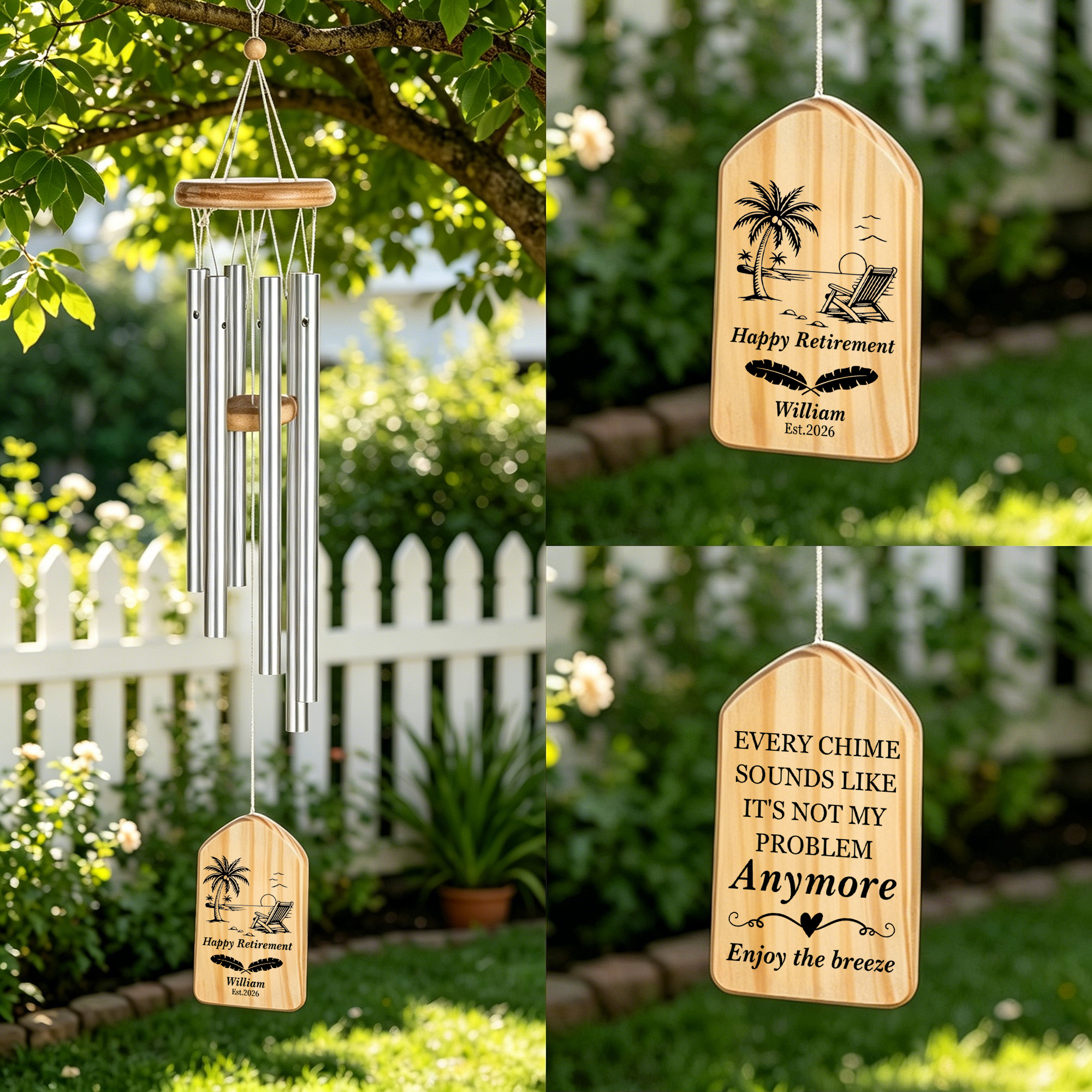 Individuell gestaltetes Windspiel zum Thema „Glücklichen Ruhestand“ – Gärtnern, Angeln, Golf, Strand, Camping – mit Namen und Jahr – Ruhestandsgeschenk für Freunde, Kollegen und Familienmitglieder im