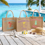 Personalised Palm Tree Pineapple Beach Vacation Elements Large Capacity Jute Tote Bag with Name Text and Year Daily Use Birthday Gift for Friends