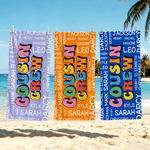 Personalised Cousin Crew Kid Word Cloud Oversized Quick Dry Beach Towel with Name Summer Holiday Essential Birthday Gift for Kids