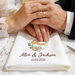 Serviette de table en 100 % coton personnalisée avec nom et date - Cadeau de mariage pour la mariée