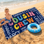 Personalised Cousin Crew Kid Word Cloud Oversized Quick Dry Beach Towel with Name Summer Holiday Essential Birthday Gift for Kids
