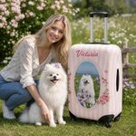Personalised Bow Heart Flower Pattern Pet Photo Luggage Cover with Name Fits 18-32 Inches Suitcase Birthday Gift for Travel Lover Pet Owner