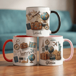 Personalized Travel Theme Globe Compass Passport 11 oz 15 oz Ceramic Mug with Name and Coaster Daily Use Travel Birthday Gift for Travelers Friends