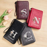 Personalised Mother of Pearl Effect Birth Flower Initial Portable PU Leather Passport Holder Wallet with Name Travel Birthday Gift for Travel Lovers
