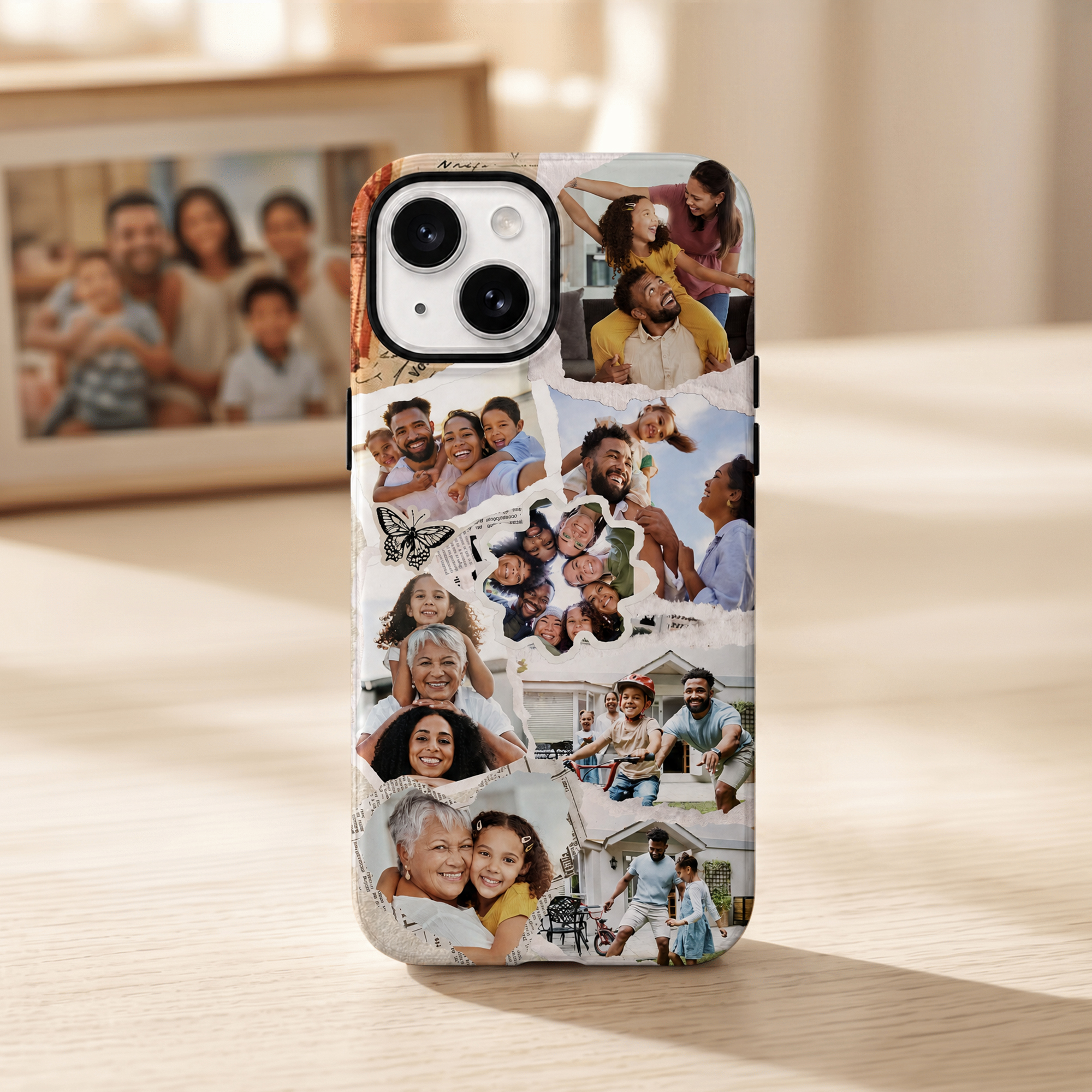 Individuell gestaltete Handyhülle im Retro-Stil mit Scrapbook-Motiven, Papierrissen und Fotocollage – für iPhone und Samsung – für den täglichen Gebrauch, als Geschenk zum Geburtstag oder Jubiläum für