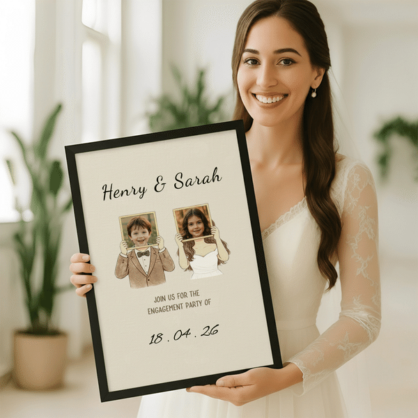 Personalized Newlyweds Childhood Photo Canvas Poster Frameless Framed Painting with Names and Date Wedding Engagement Party Gift for Couple