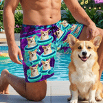 Personalized Pool Theme Cyber Neon Style Beach Shorts with 1-3 Photos and Drawstring Summer Vacation Essential Birthday Gift for Men Pet Lovers