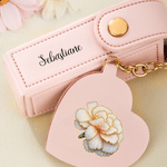Personalized Birth Flower PU Leather Lipstick Case Keychain with Name and Heart-Shaped Mirror Makeup Essentials Birthday Gift for Women