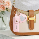 Personalized Birth Flower PU Leather Lipstick Case Keychain with Name and Heart-Shaped Mirror Makeup Essentials Birthday Gift for Women