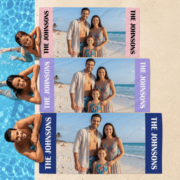 Personlig familiefoto – ekstra stort, hurtigtørkende magnetisk strandhåndkle med tekst – uunnværlig på sommerferien – bursdagsgave til familie og venner