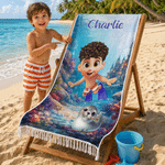 Personalised Cute 3D Diving Character Quick Dry Microfiber Tassel Beach Towel with Name and Drawstring Bag Summer Vacation Gift for Kid Adult
