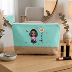 Personalized Cartoon Character Birth Flower Linen Patch Canvas Makeup Bag with Name Travel Toiletry Use Birthday Gift for Her