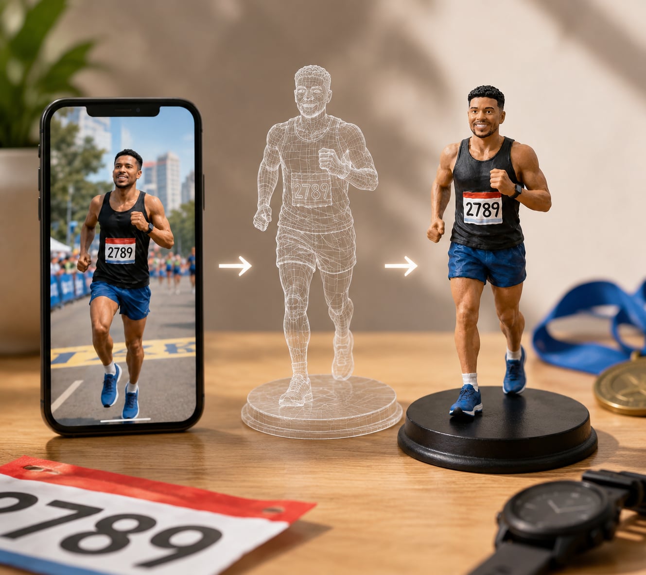 Runner figurine in marathon race memory scene