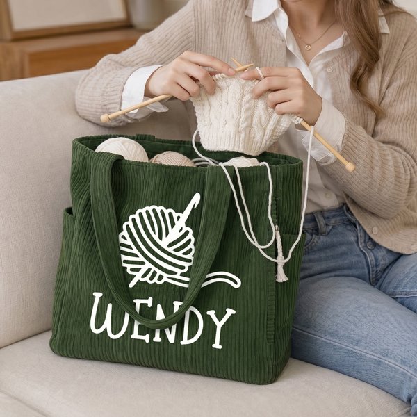 Personalised Corduroy Tote Bag Large Capacity Crochet Hook Bag with Name Birthday Gift for Knitting Enthusiasts