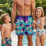 Personalized Pool Theme Cyber Neon Style Beach Shorts with 1-3 Photos and Drawstring Summer Vacation Essential Birthday Gift for Men Pet Lovers