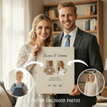 Personalized Newlyweds Childhood Photo Canvas Poster Frameless Framed Painting with Names and Date Wedding Engagement Party Gift for Couple