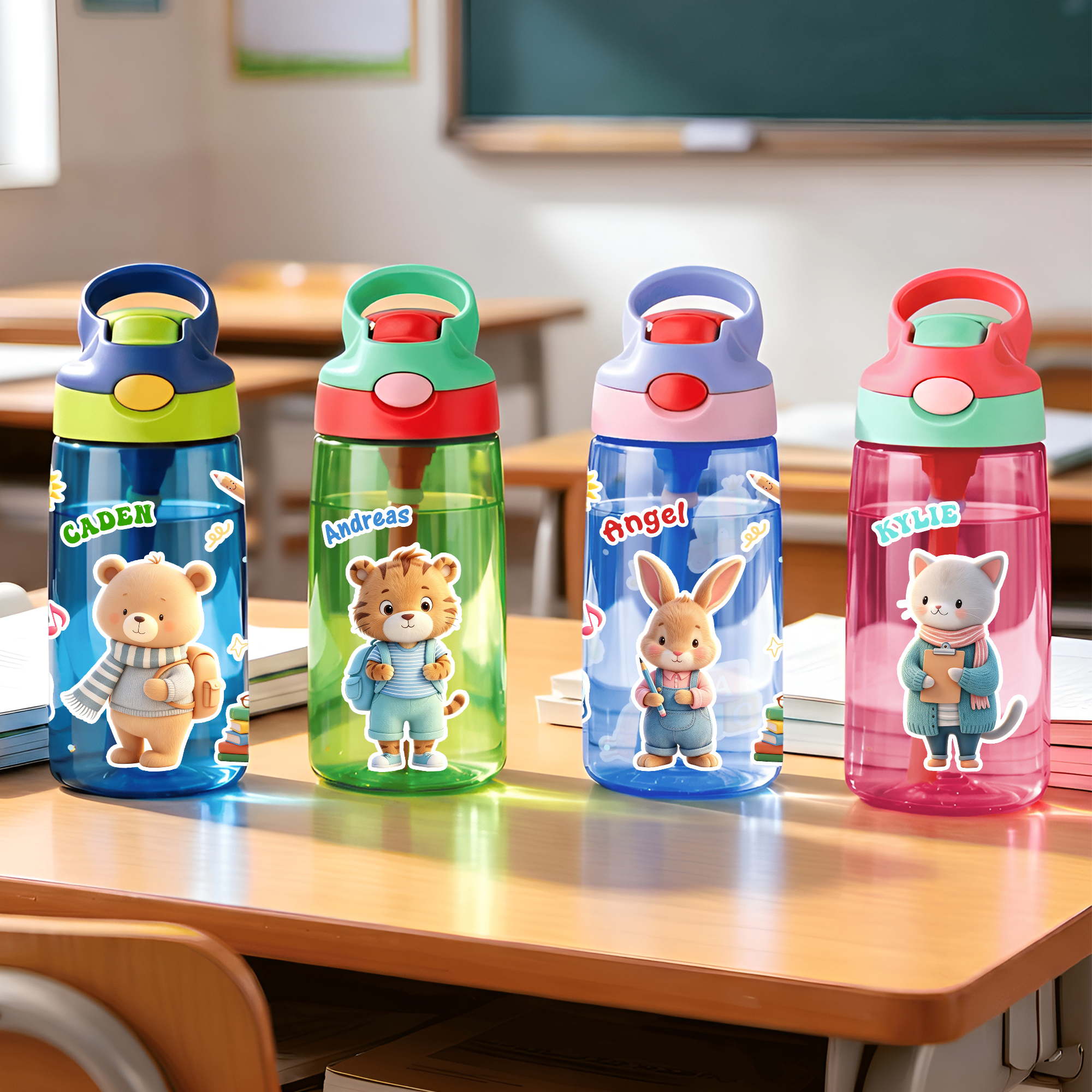 Individuell gestaltete, niedliche Wasserflasche (16 oz) mit Tier-Cartoon-Motiv, Strohhalm und Namensaufdruck – Geschenk für den täglichen Gebrauch, zum Geburtstag oder zum Schulanfang für Jungen und M