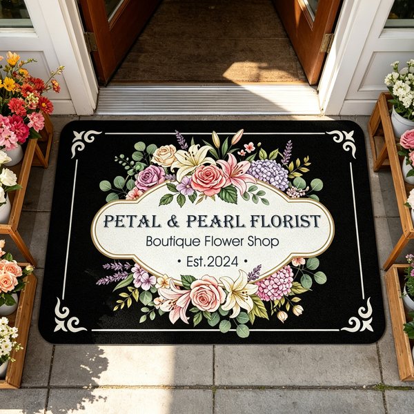 Personalised Multicolor Retro Floral Design Anti-Slip Doormat with Text Flower Shop Use Housewarming Opening Gift for Flower Shop Owner Flower Lover