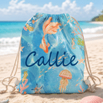 Personalized Watercolor Sea Creature Drawstring Storage Bag with Name Summer Vacation Beach Party Birthday Gift for Boys Girls